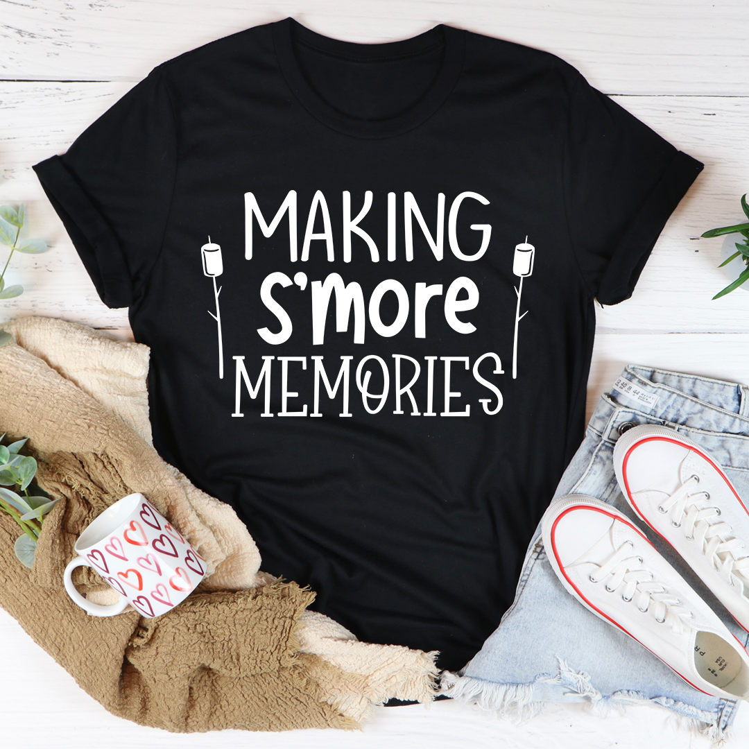 Black heather T-shirt with crew neck and white “MAKING S'MORE MEMORIES” graphic