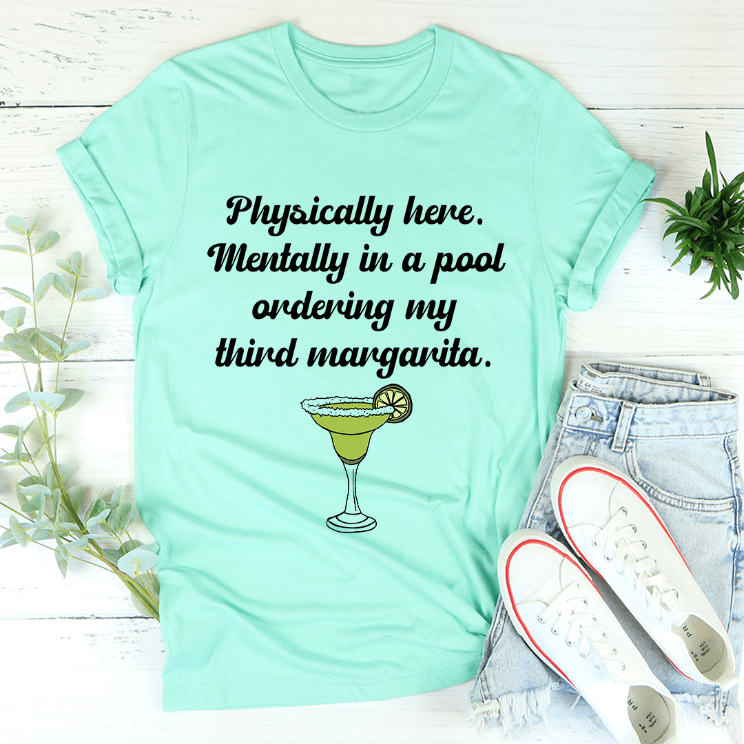 Mint green crewneck T-shirt with pool quote and margarita graphic