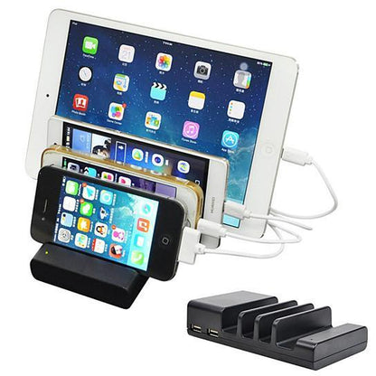 Smart device charger dock with white stand, phone cradle, and black multi-port base