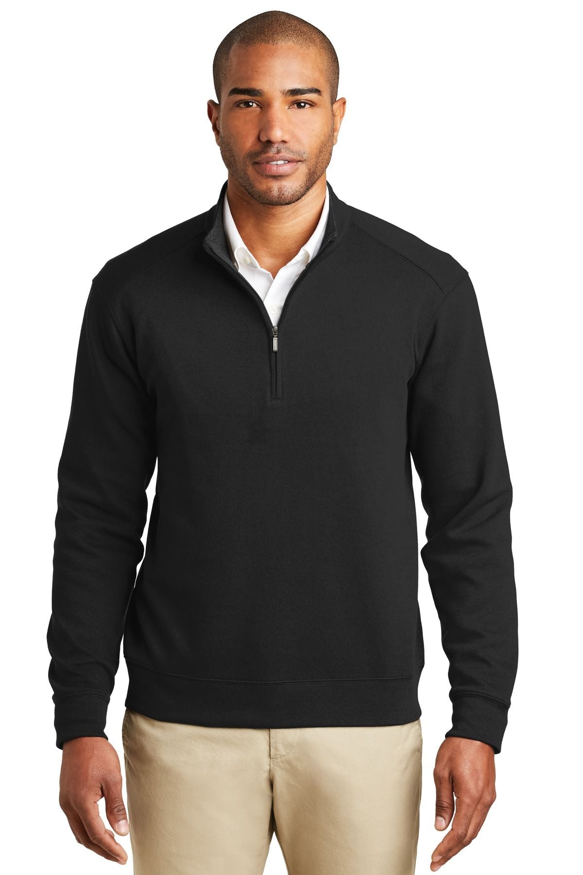 Black interlock 1/4-zip pullover with long sleeves and half-length placket