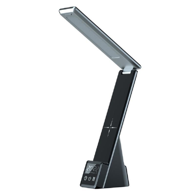 LED table lamp with folding arm and wireless charging dock, dark base
