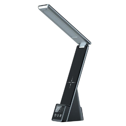 LED table lamp with folding arm and wireless charging dock, dark base