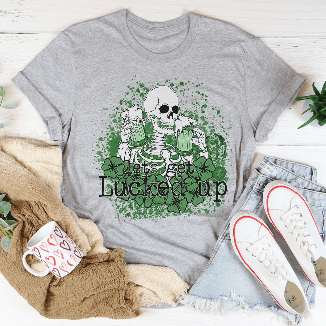 Heather gray crewneck T-shirt with green splatter background and 'Lets get Lucked up' skull