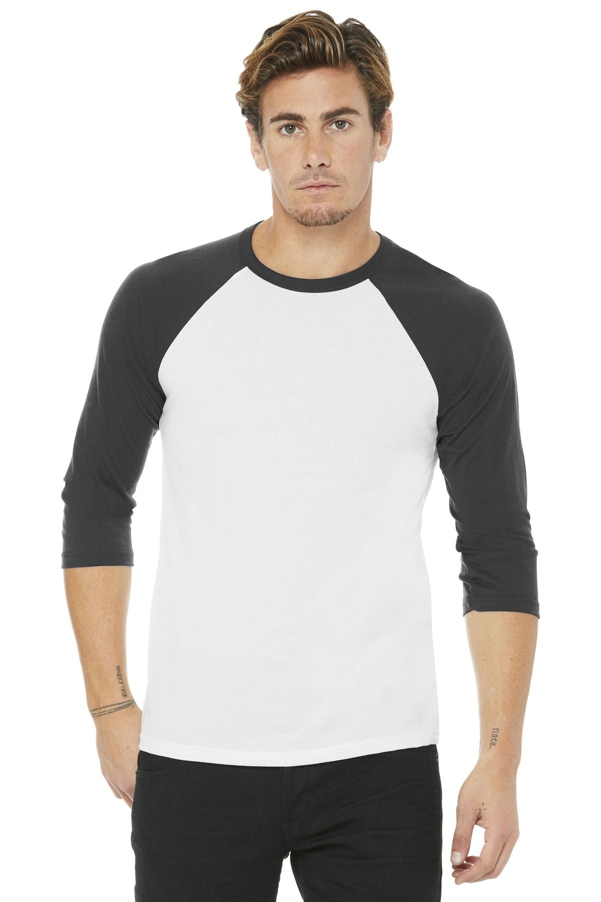 Unisex 3/4-sleeve baseball tee with white front and black sleeves and collar