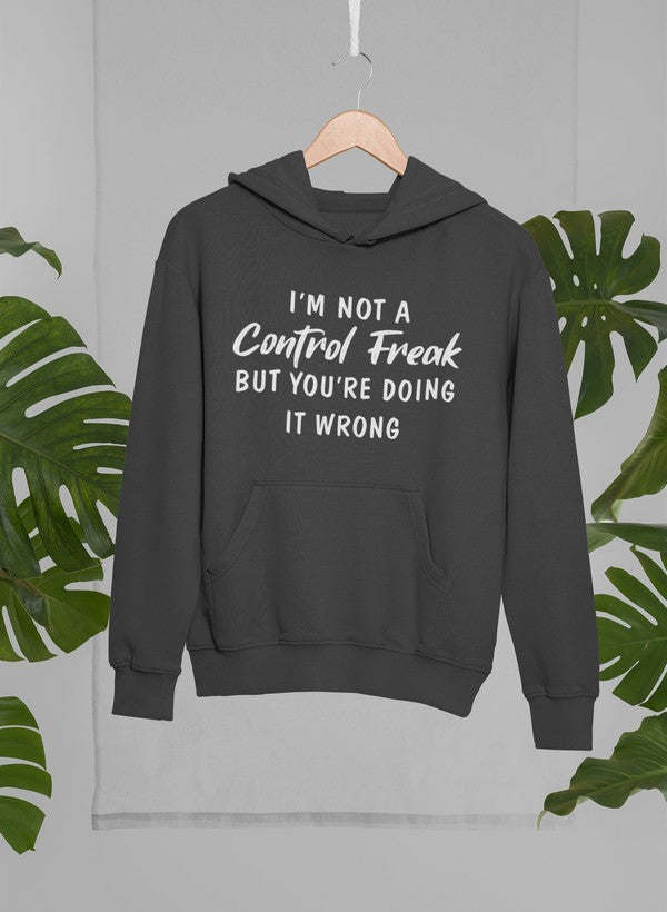 Dark grey hoodie with front hood, kangaroo pocket, and white slogan graphic