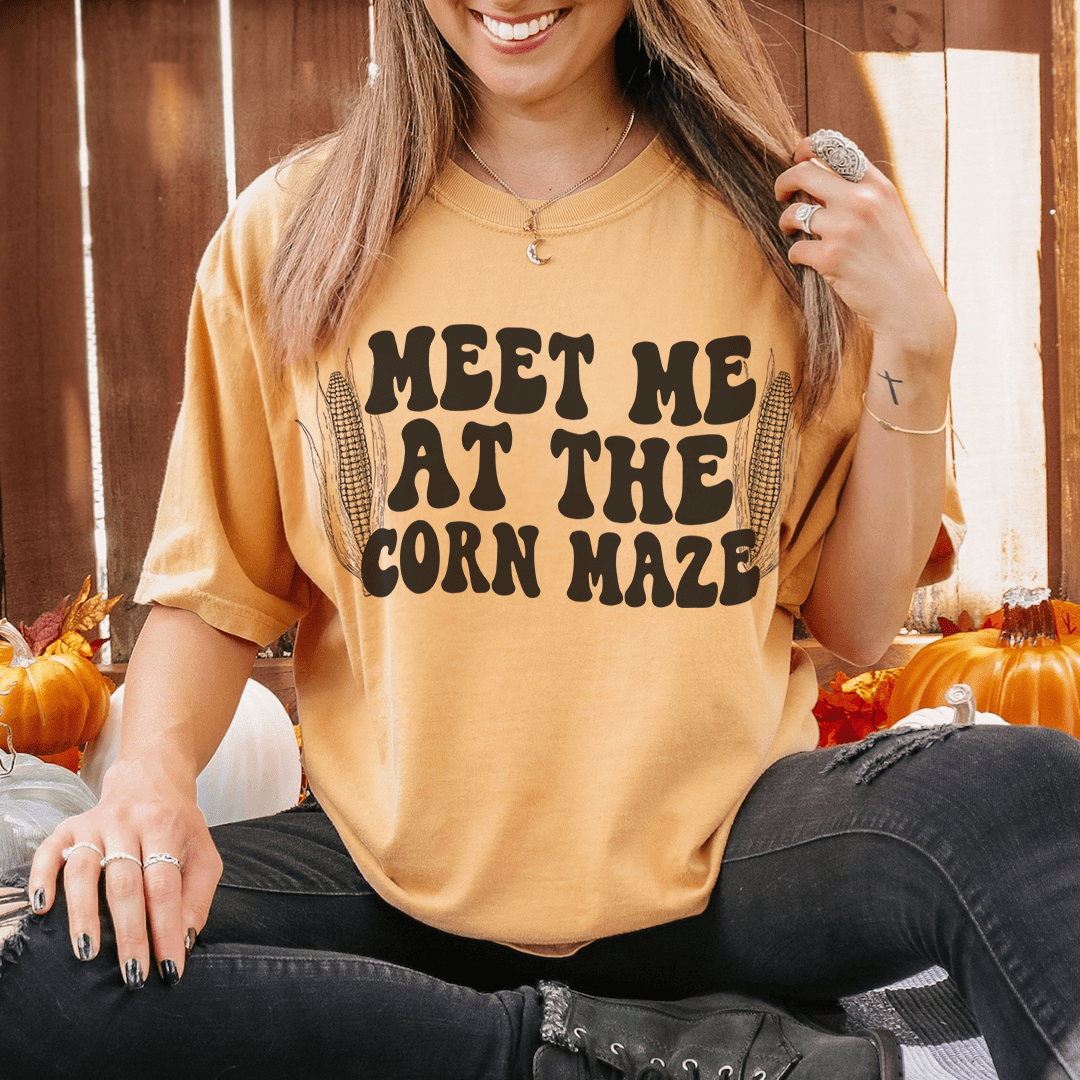 Mustard T-shirt with 'MEET ME AT THE CORN MAZE' front graphic
