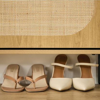 Rattan Shoe Cabinet with 2 Flip Doors, Narrow Freestanding Shoe Organizer, Modern Narrow Shoe Storage Cabinet with Metal Legs for Entryway, Hallway, Closet (Natural)