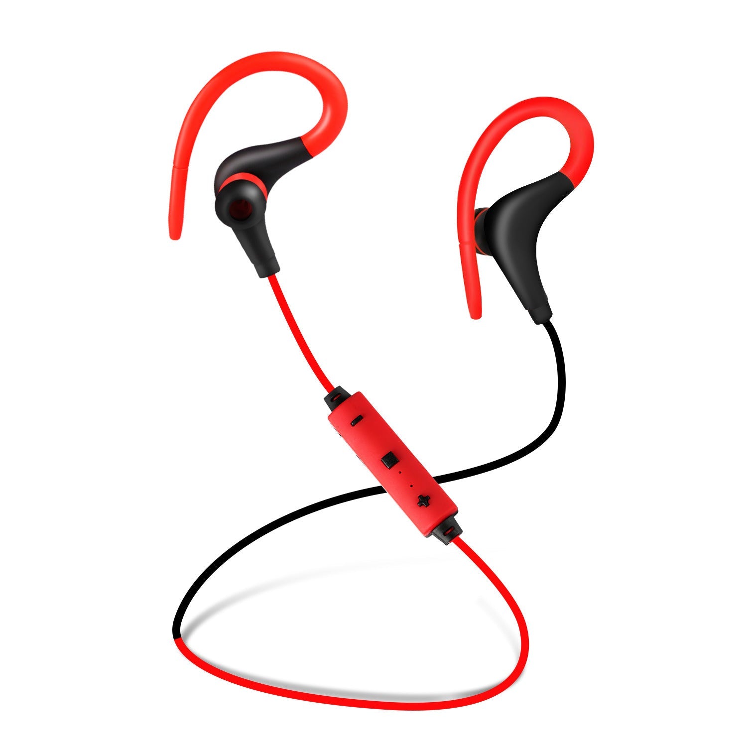 Red and black sport in-ear wireless headset with ear hooks and inline control