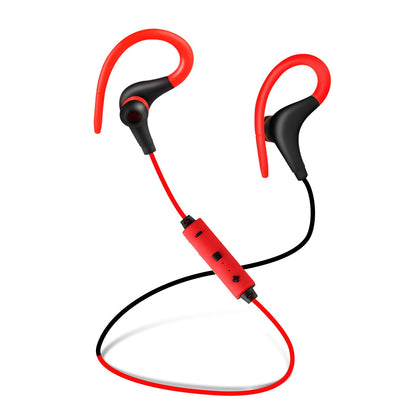 Red and black sport in-ear wireless headset with ear hooks and inline control