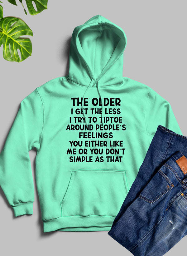 Mint green hooded sweatshirt with drawstring hood, front pouch pocket, and printed quote