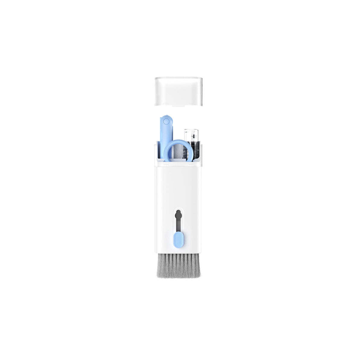 Multi-tool cleaner case with stored gray brush and blue accessory