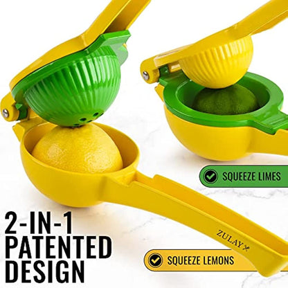 Yellow and green manual citrus juicer with perforated press cone and squeeze spout