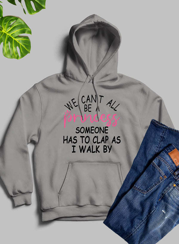 Heather gray hooded sweatshirt with front text graphic and kangaroo pocket