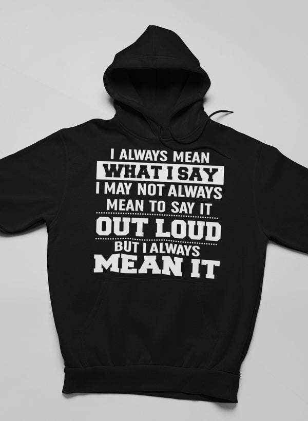 Black hoodie with large back text graphic, front pocket and hood