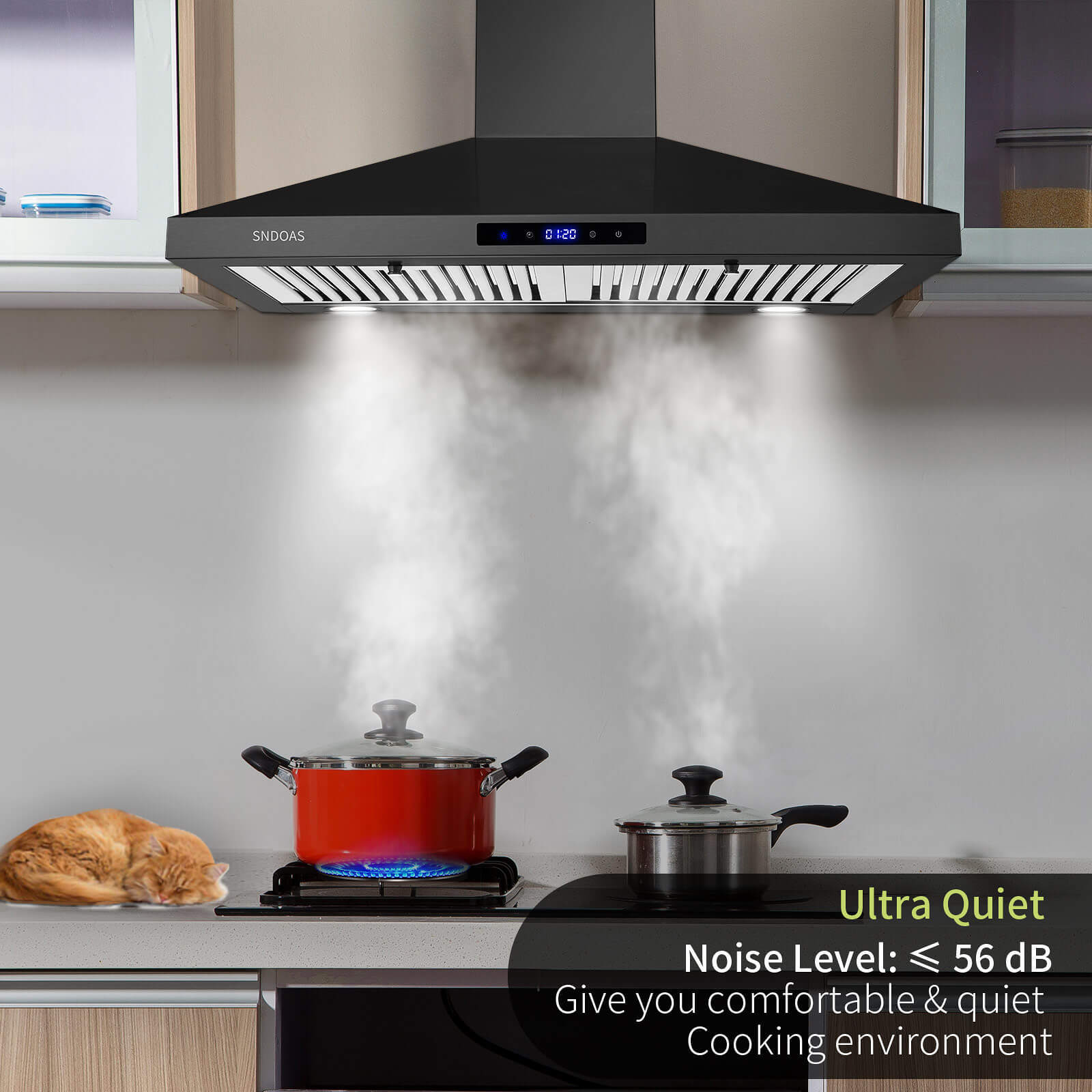 Black kitchen wall range hood with control panel and visible underside baffle vents