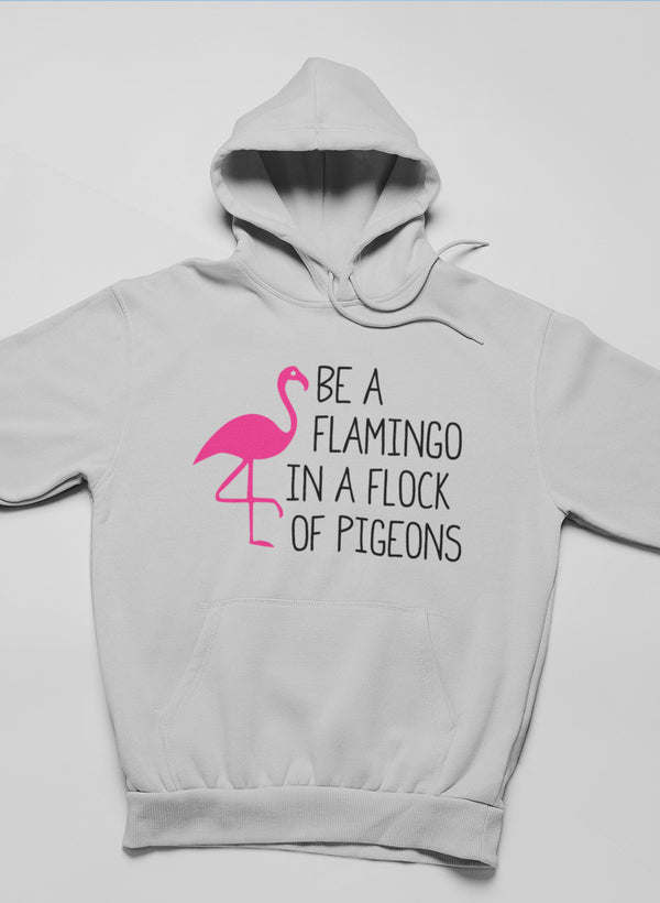 Light gray pullover hoodie with pink flamingo slogan graphic and front pocket