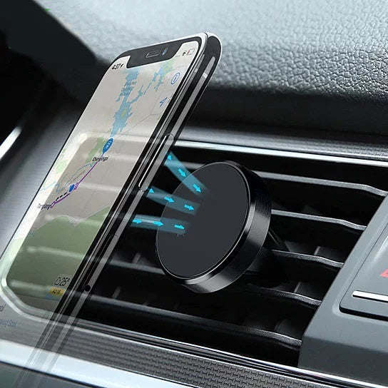 Magnetic phone car mount securing a smartphone on dashboard air vent