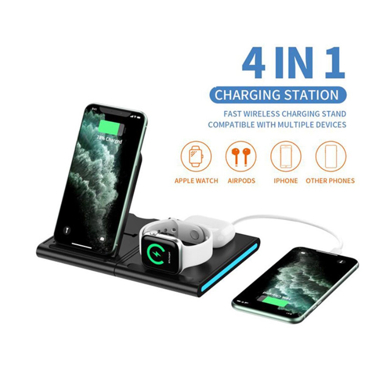 Black 4-in-1 wireless charging station with phone stand, watch pad, and earbud dock