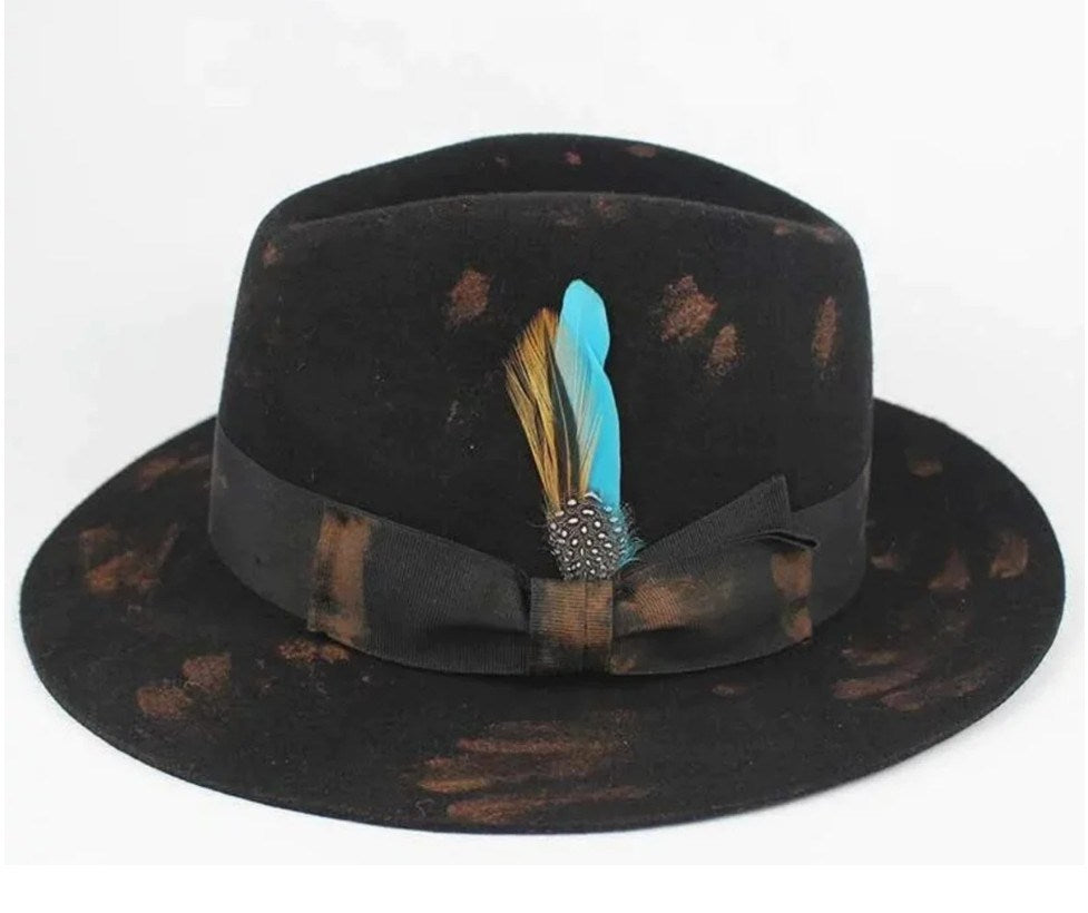 Black wool felt fedora hat with wide brim and decorative feather accent