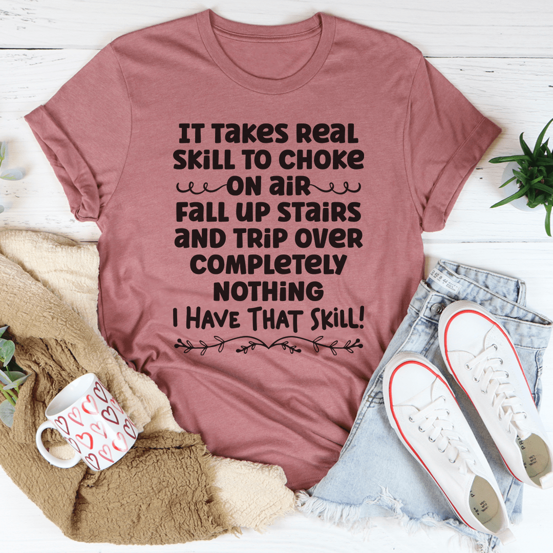 Mauve crewneck T-shirt with bold black slogan text printed on front
