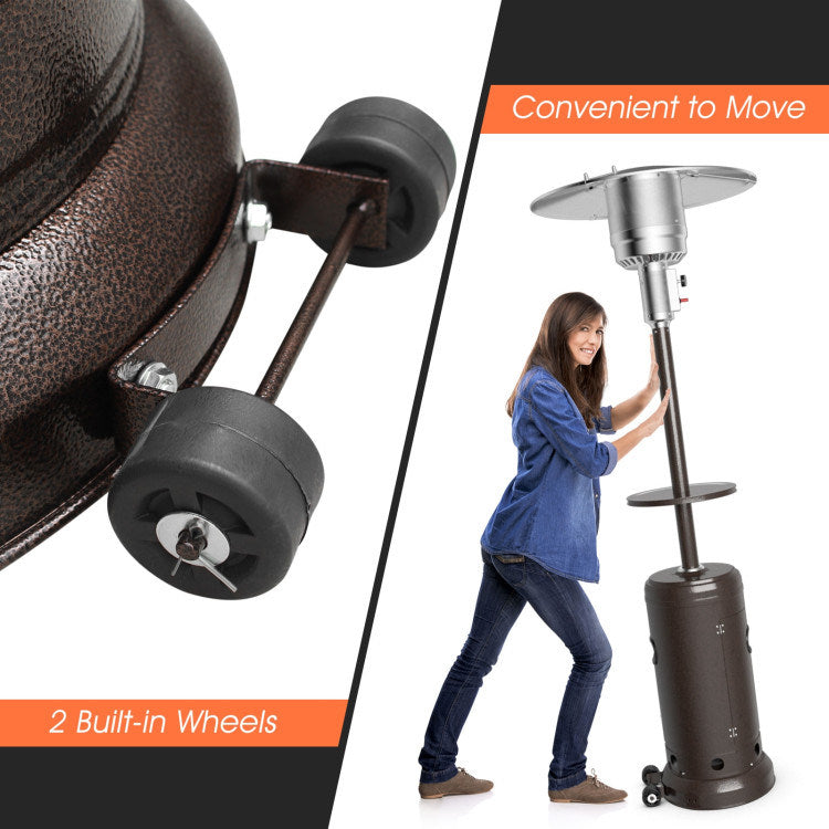 Propane patio heater with two built-in wheels and dark steel tank base for mobility