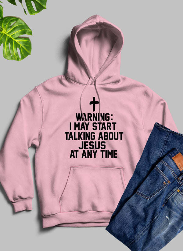 Pink hoodie with front pocket, hood, black cross, and warning text graphic