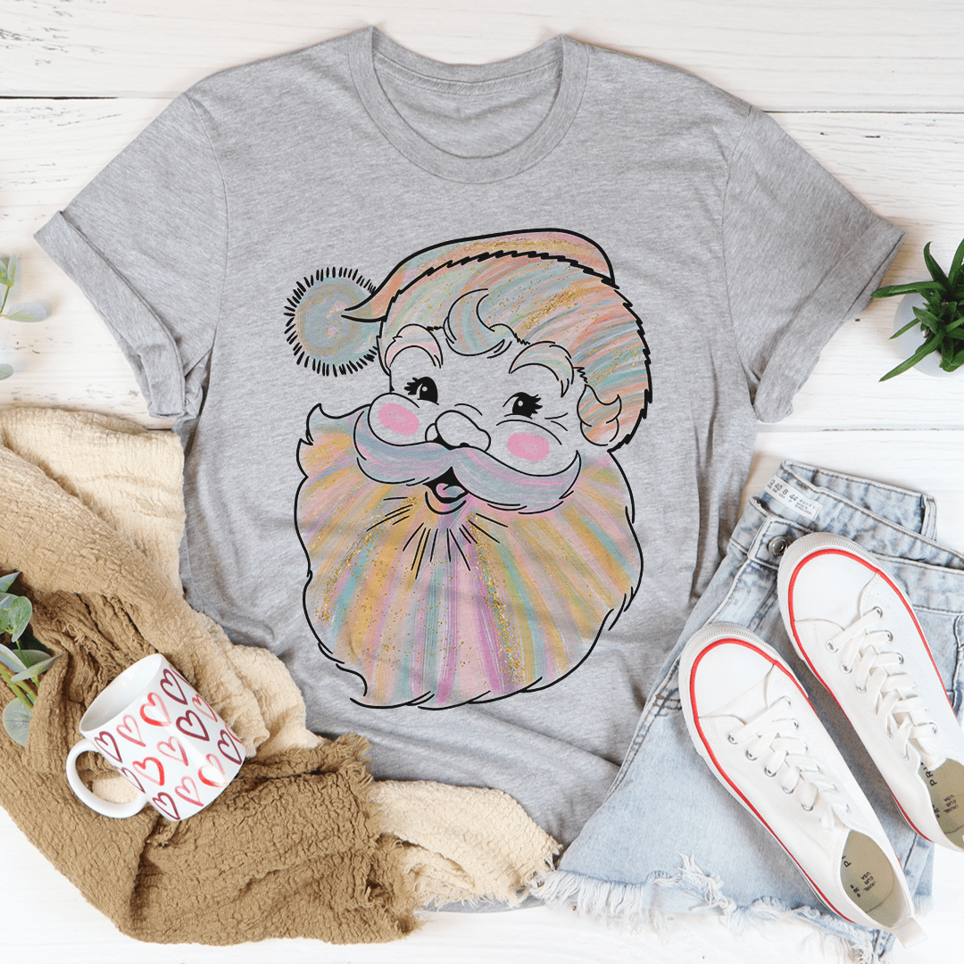 Heather gray short-sleeve crewneck T-shirt with watercolor Santa face artwork