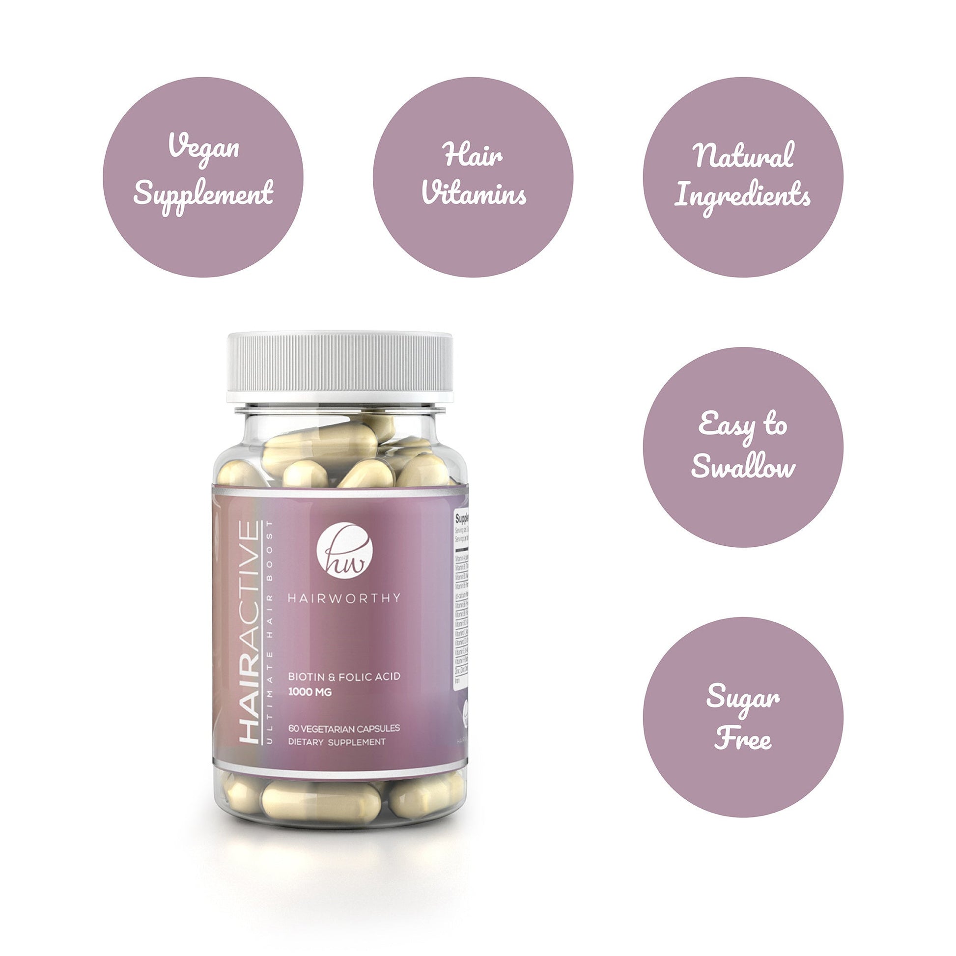 Hair growth capsules bottle with vegan, natural, easy to swallow, sugar-free badges