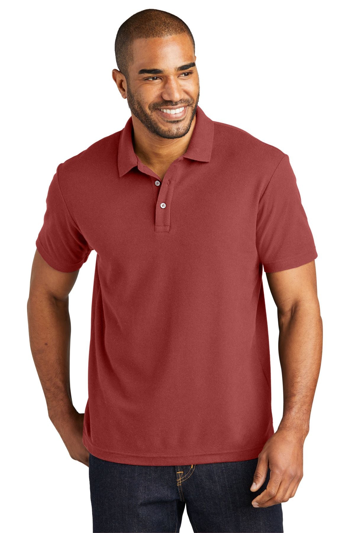 Cotton blend pique polo shirt in garnet, short sleeves, button placket, knit collar.