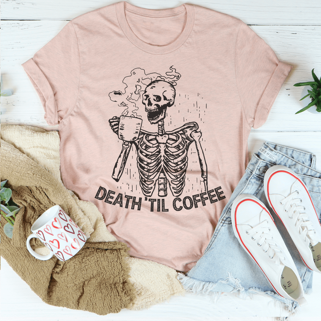 Light pink T-shirt with skeleton holding a mug chest print, crew neck short sleeves