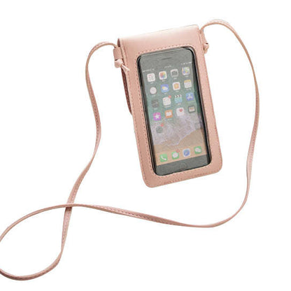 Mini transparent phone and card holder crossbody bag in light pink with phone visible through clear window