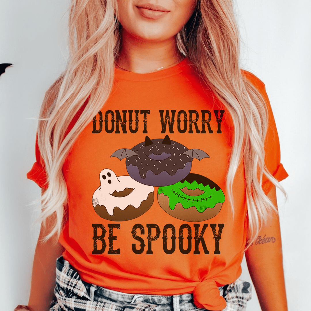 Burnt orange Halloween T-shirt with donut bat graphic and 'Donut Worry Be Spooky'