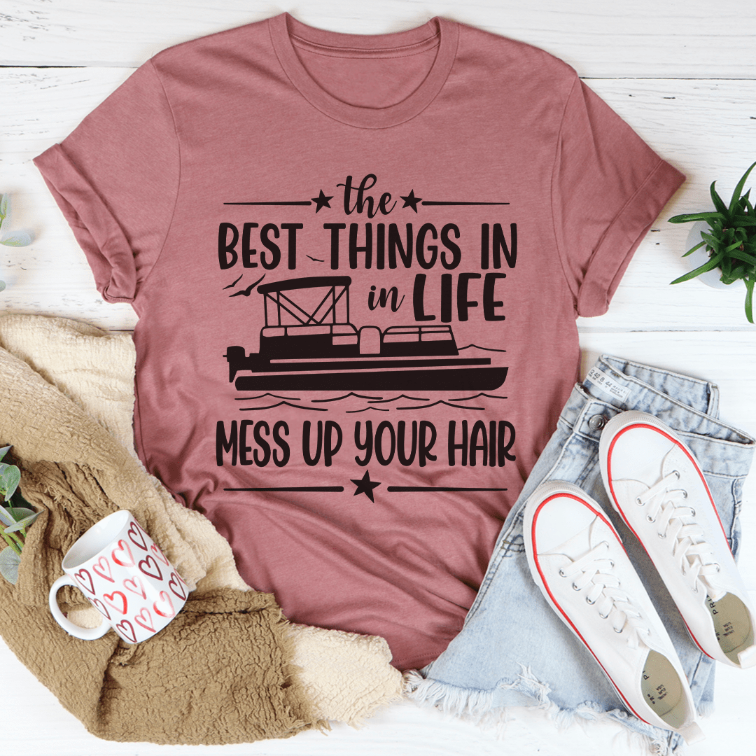 Mauve crewneck T-shirt with centered black typography and hair-fix styling graphic