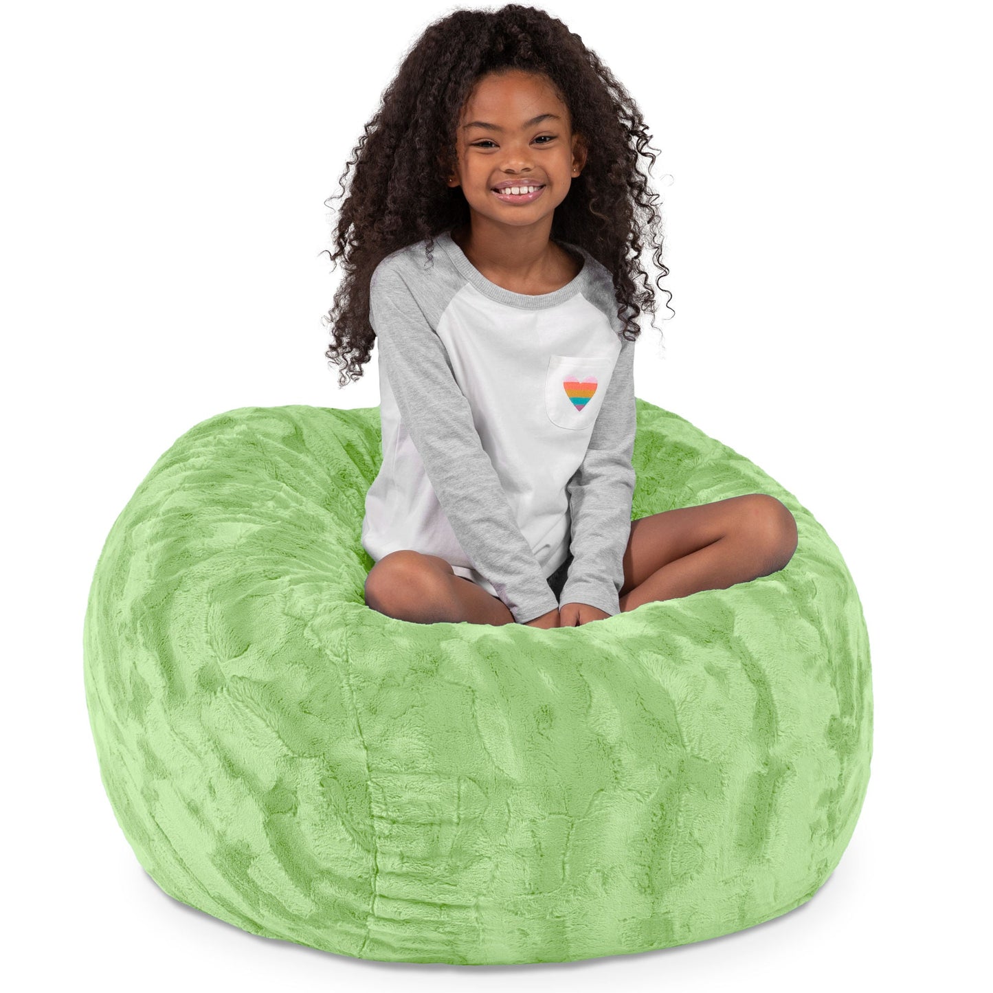Lime green faux fur bean bag chair with child seated