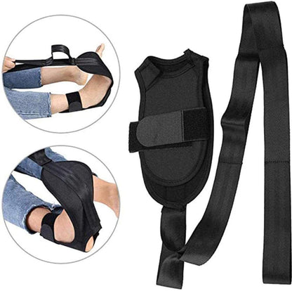 Yoga stretching support strap with padded ankle brace and adjustable long belt, black.