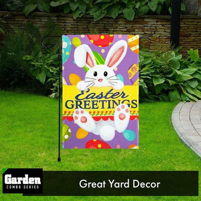 Combo Pack Garden Flag Stand Black 36x16 Inch & Garden Flag Easter Greetings with White Bunny Eggs 12x18 Inch