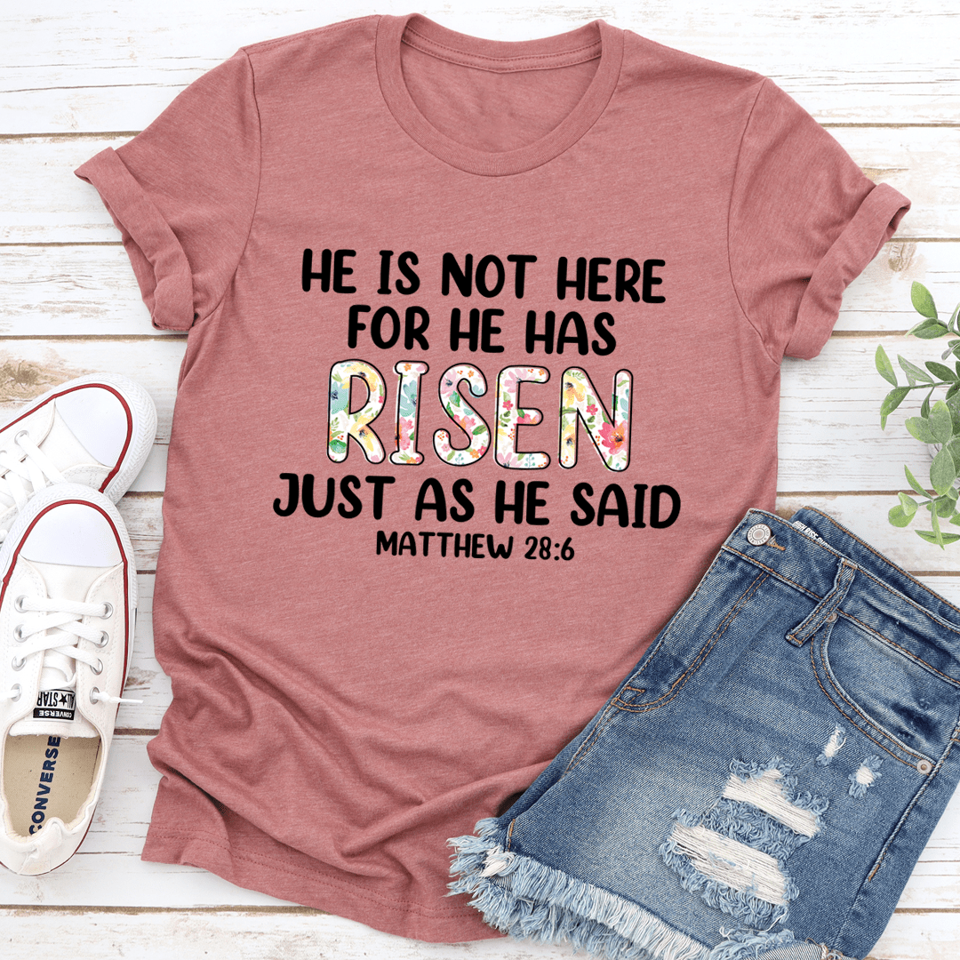 Dusty rose T-shirt with 'RISEN' lettering and Matthew 28:6
