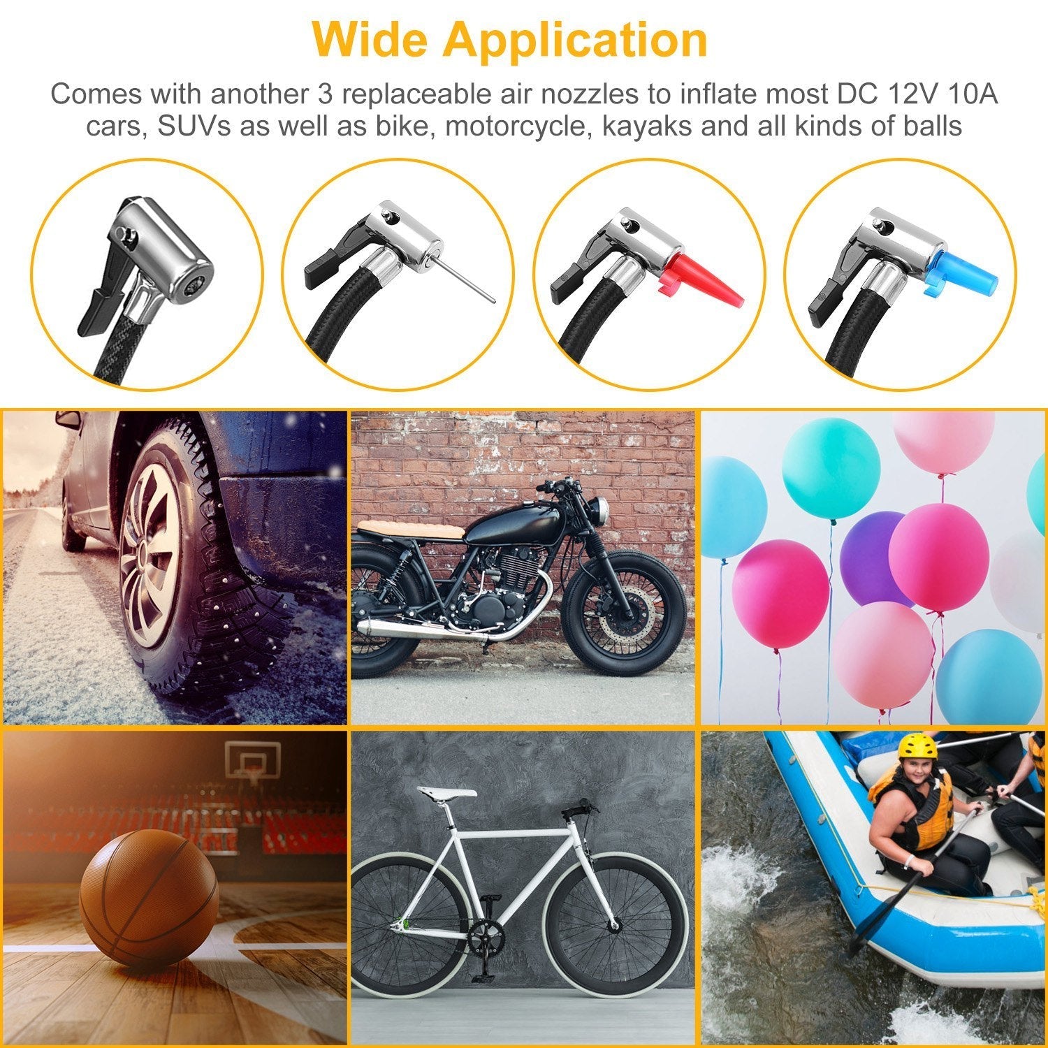 Air pump with interchangeable metal nozzles and valve adapters