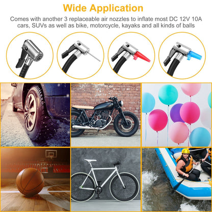 Air pump with interchangeable metal nozzles and valve adapters