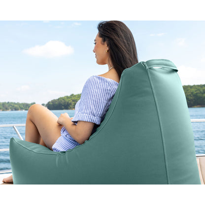 Waterfall blue bean bag chair side view with tall back and contoured arms