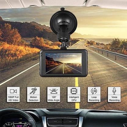 Car dash cam with front windshield mount and rear display screen showing road footage