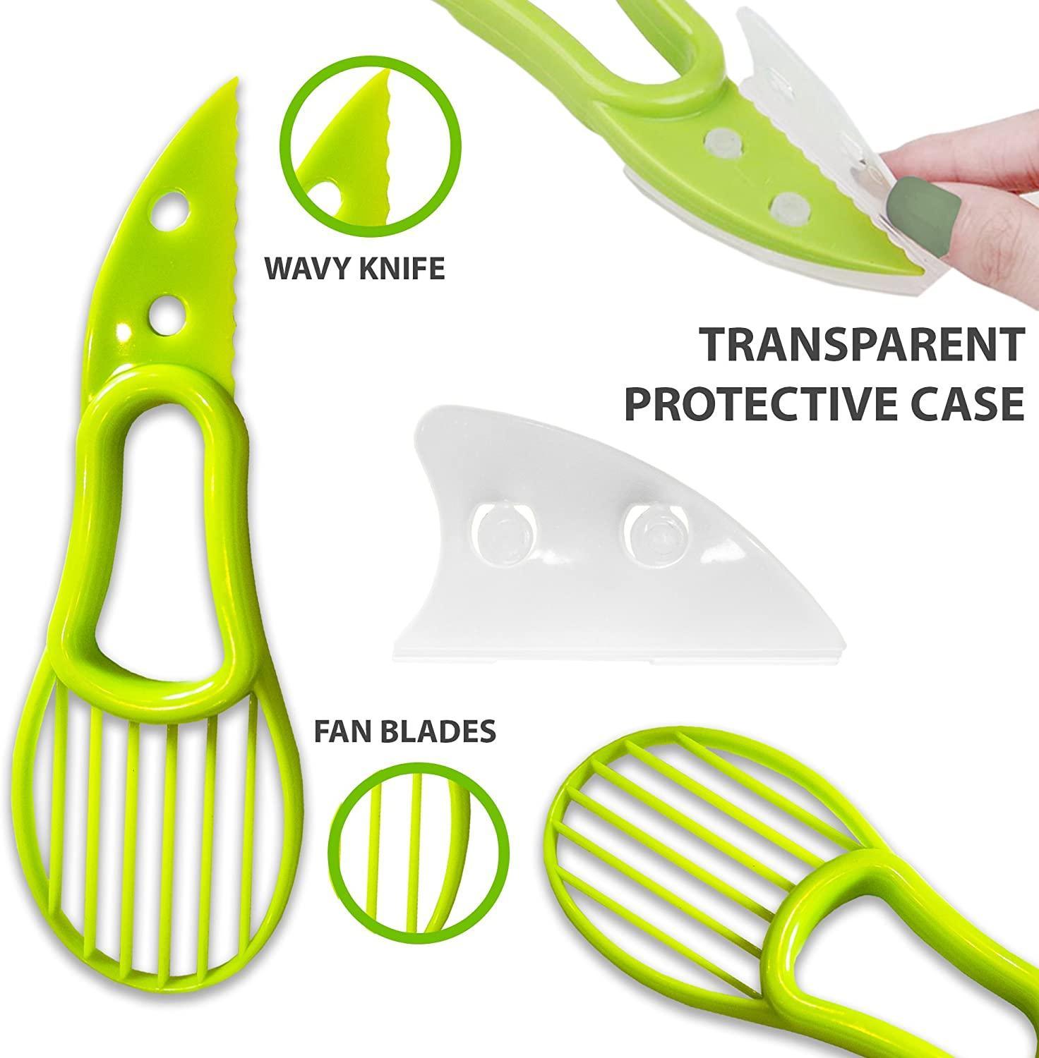 Avocado cutting slicer tool parts: wavy knife, fan blades, transparent case
