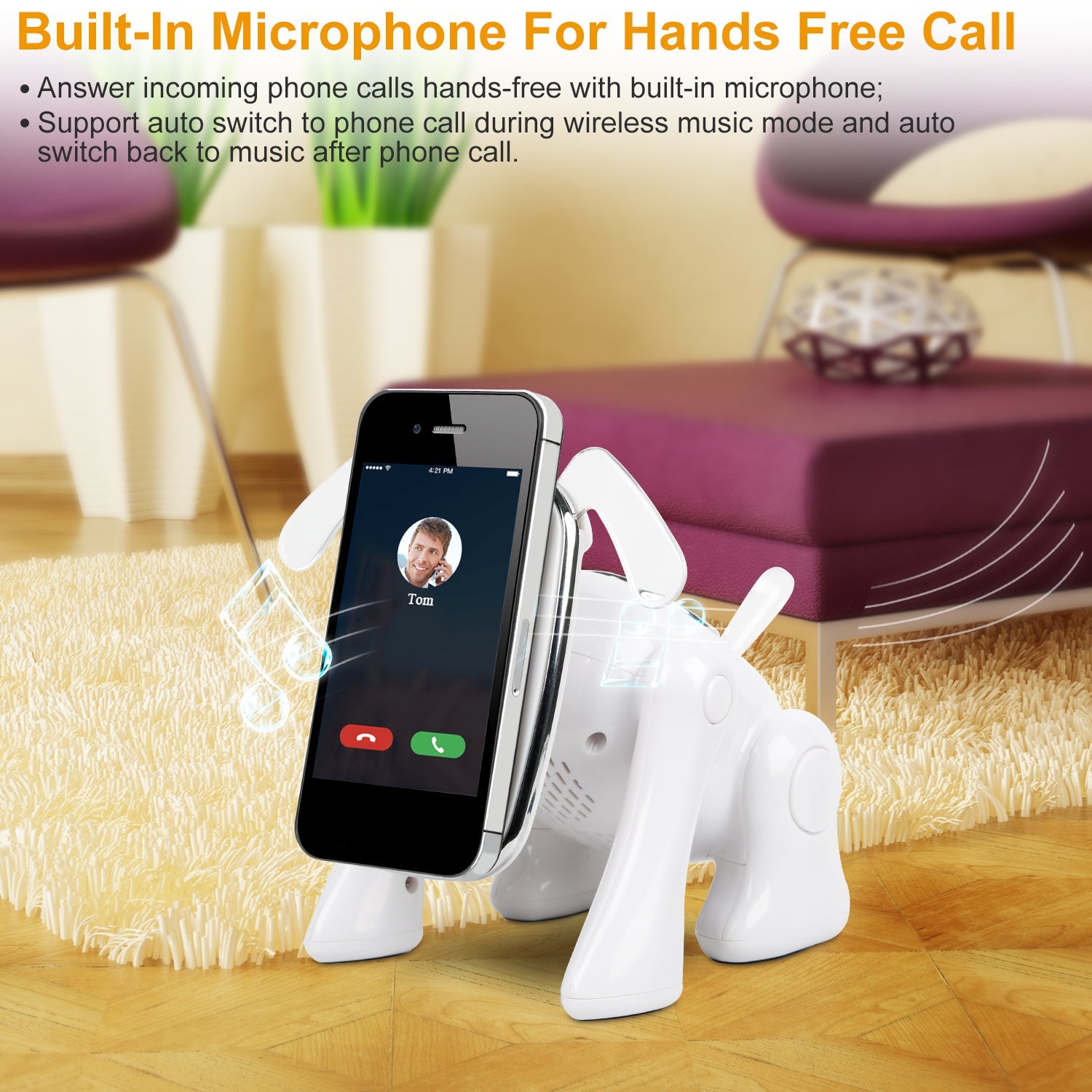 White puppy-shaped wireless speaker with built-in microphone beside a smartphone
