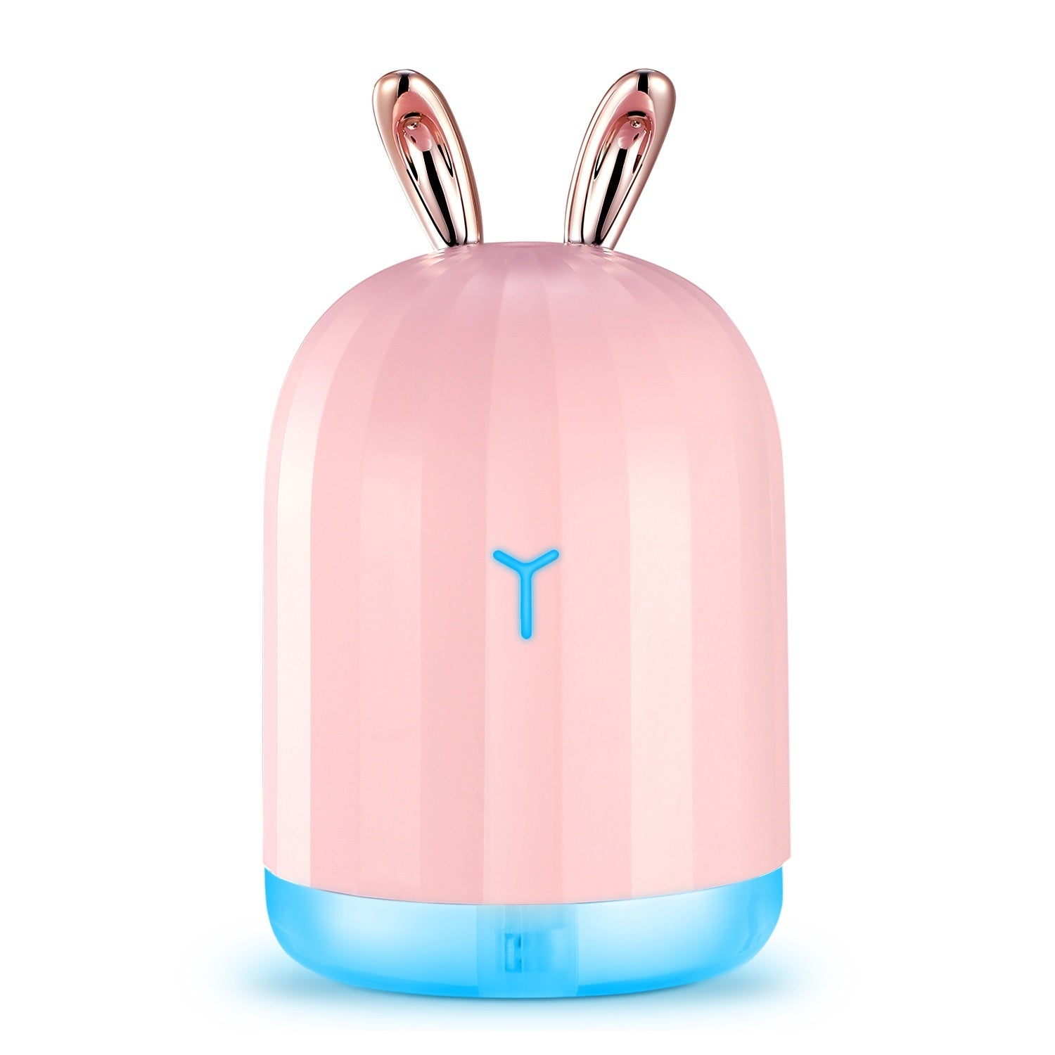 Pink bunny-shaped cool mist humidifier with blue glowing light ring on base