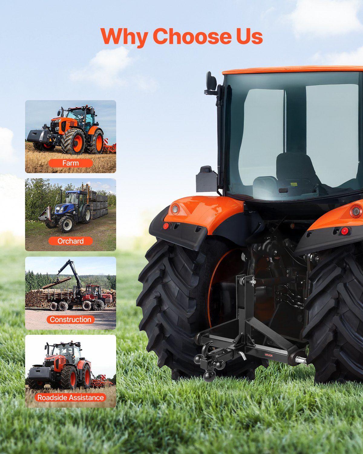 VEVOR 3-point trailer hitch installed on a tractor, black drawbar and ball mount