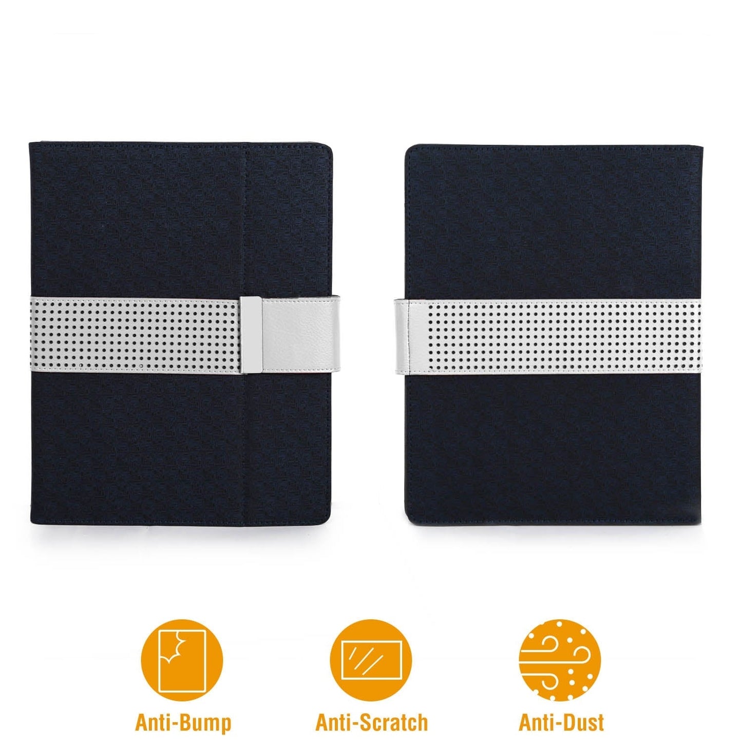 Navy tablet organizer case front with perforated memo panel and closure strap.