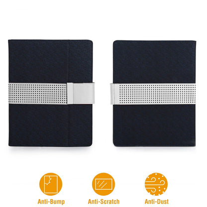 Navy tablet organizer case front with perforated memo panel and closure strap.