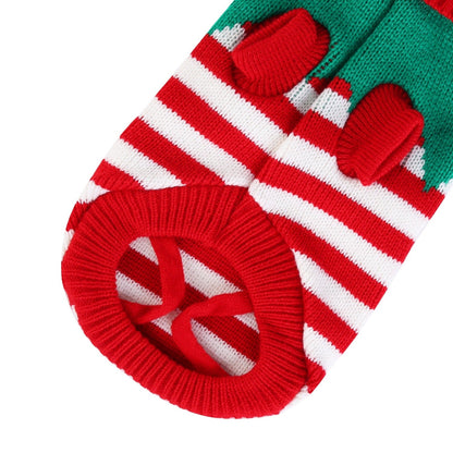 Red-and-white striped pet turtleneck knit with red cuffs and snowman motif