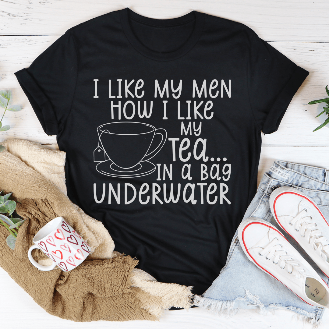 Black crew-neck T-shirt with white tea-in-a-bag underwater quote and mug graphic