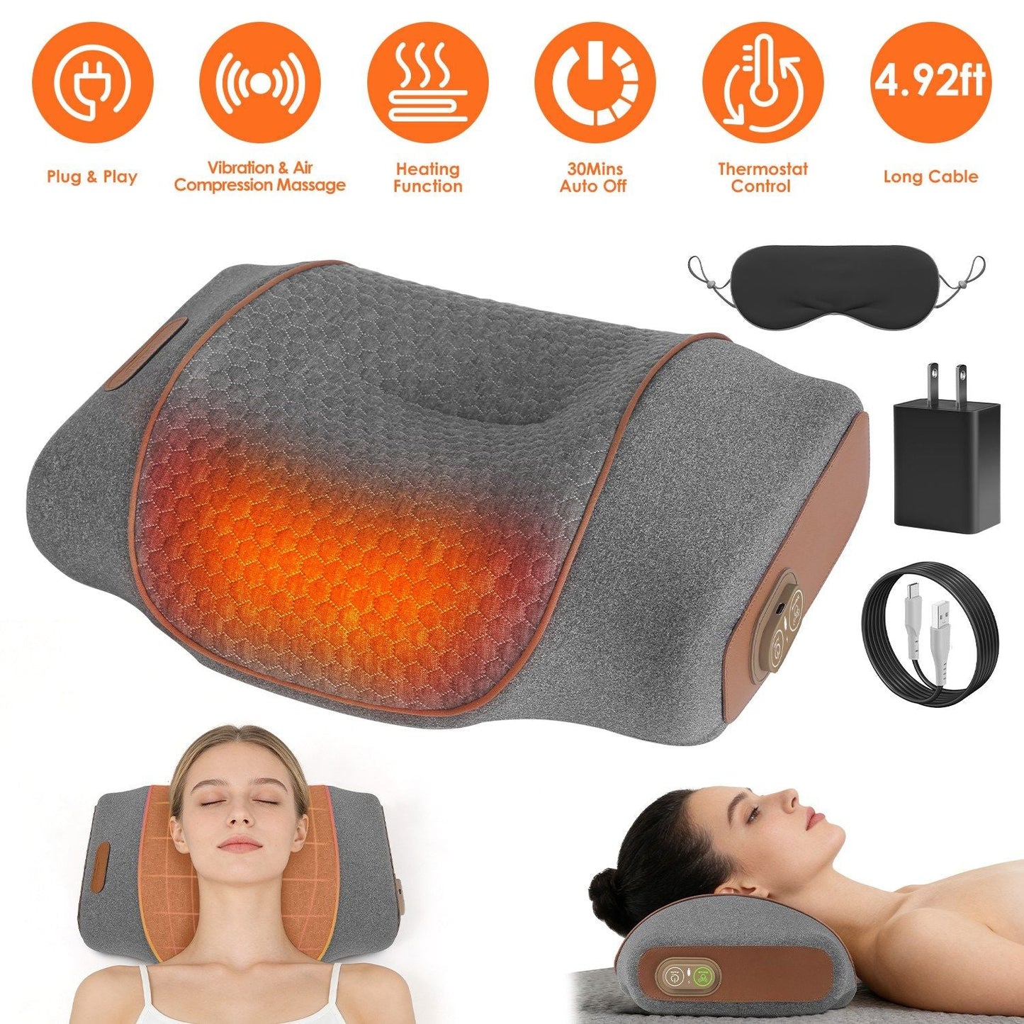 3-in-1 neck massager pillow, dark grey fabric, with heat and vibration control panel